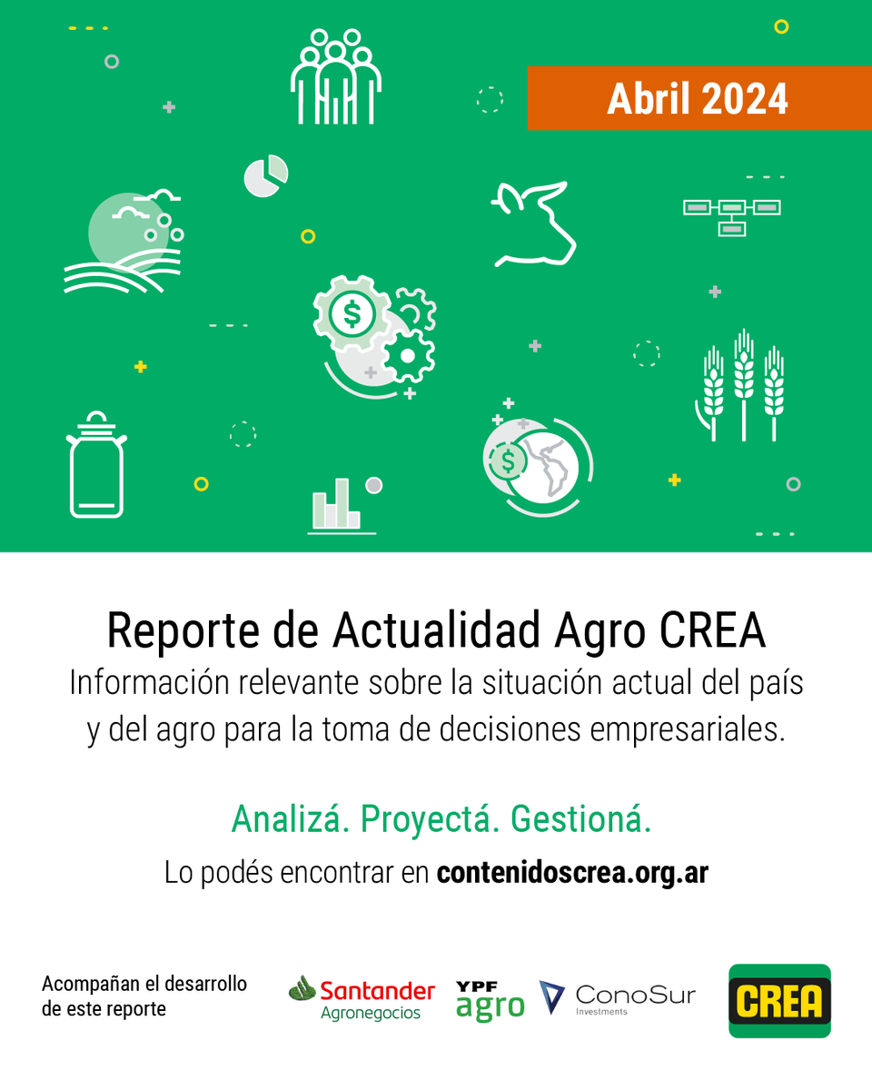 Ya disponible 📱 Reporte de actualidad AgroCREA n°14 ⏩ Te acompañamos en la toma de decisiones con el análisis de los técnicos y Miembros CREA sobre la coyuntura actual del Agro🚜 Descargalo en #ContenidosCREA 👇🏻 tinyurl.com/RAACREA14 @ConoSur_Arg @YPFAgro @Santander_Ar