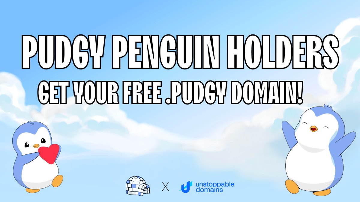 Attention @PudgyPenguins holders! 🐧 #TheHuddle Time is running out to claim your free .Pudgy digit domains! Snatch up your unique digital identity now at absolutely no cost! Claim yours before the offer ends on April 18th at 9am ET. unstoppableweb.co/3TUGXbu