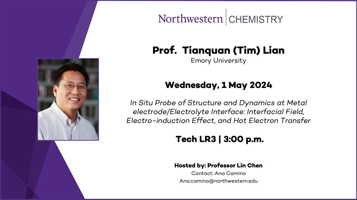 Mark your calendar! Today's Department colloquium features Professor Tianquan Lian from @EmoryUniversity 🗓️ 1 May 2024 🕒 3:00 p.m. 📍Tech LR3 #electrontransfer #energy #chargetransport #chemicalphysics