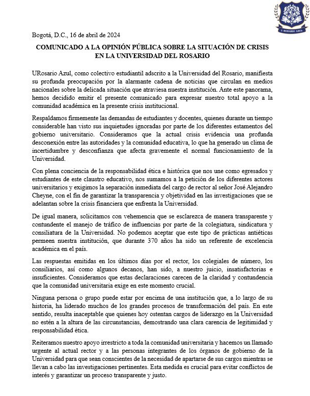 URosarioAzul's tweet photo. COMUNICADO A LA OPINIÓN PÚBLICA, SOBRE LA CRISIS EN LA UNIVERSIDAD DEL ROSARIO.

Para nosotros es fundamental pronunciarnos, esperamos puedan difundir y leer el comunicado. https://t.co/nR5K0ICnD0