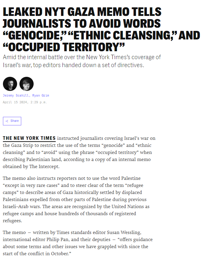 Imagine sitting in the liberal capital of the world and working for the most prestigious newspaper in the West, maybe after completing your journalism degree, and working in enforcement of language that brings out the best in a genocide, and is most effective in politically