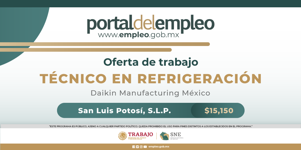 📢 #BolsaDeTrabajo 👤 Técnico en refrigeración en Daikin Manufacturing México. 📍Para trabajar en #SanLuisPotosí. 💰15,150.00. Detalles y postulación en: 🔗 goo.su/S4PoKRC 📨 alma.martinez@daikinmx.com #Trabajo #Empleo #SNE #PortalDelEmpleo
