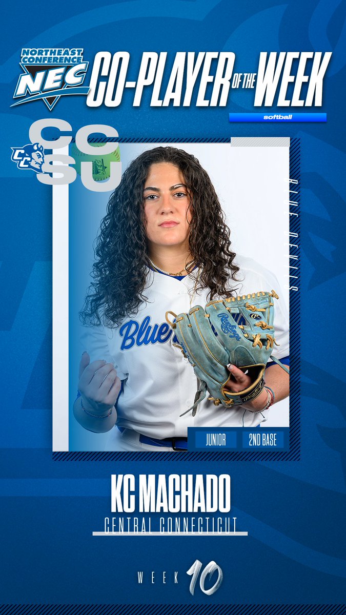 necsoftball's tweet photo. 🏅 Official #NECSoftball Co-Player of the Week

👉 KC Machado, @CCSUBlueDevils 

📓 Machado's .444/.500/1.444 slash line by Machado propelled her to her 1st POW honor and a  3-game sweep of Wagner by the 🔵😈. The junior went yard three times🚀 while racking up 6️⃣ RBI &amp; 4️⃣ runs. https://t.co/LxYcHJP2YU