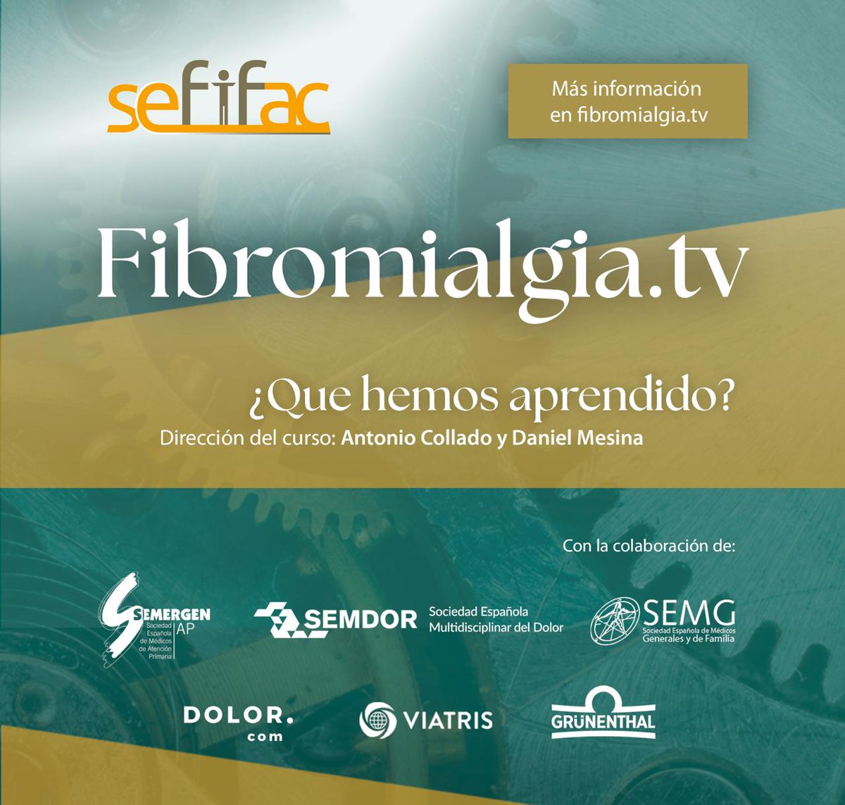 SEFIFAC, en colaboración con  <a href="/SEMG_ES/">SEMG 🩺 #OrgullososDeEstarALaCabecera👩‍⚕️👨‍⚕️</a>, <a href="/SEMERGENap/">SEMERGEN | Médicos de AP</a>, <a href="/SEMDOR2/">SEMDOR Soc. Esp. Multidisciplinar del DOLOR</a> y <a href="/DolorPuntoCom/">Dolor.com</a>, presenta la edición de un nuevo curso con los conocimientos actuales en Fibromialgia y Síndrome de Fatiga Crónica.
Más info y preinscripciones en:
🔸fibromialgia.tv🔸