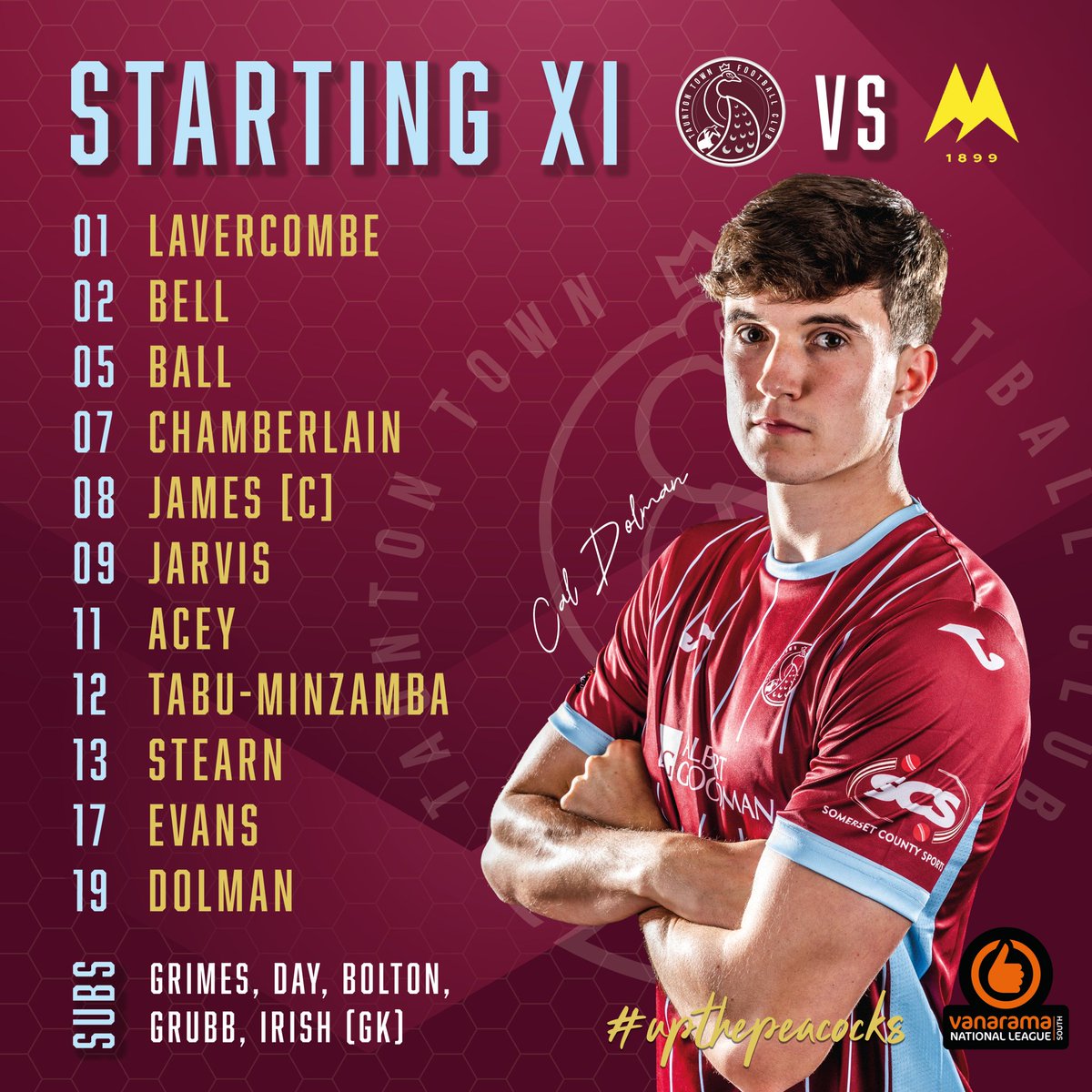 TauntonTownFC's tweet photo. Selection ➡ locked in 🔒

Your #Peacocks 🦚 𝗦𝘁𝗮𝗿𝘁𝗶𝗻𝗴 𝗫𝗜: 🆚 @TUFC1899

Here's how we line up for today's fixture at Wordsworth Drive 👀

🎙🦚 Listen along to today's commentary with Jon and Rich ▶️ https://t.co/xLzvozgv71

#UpThePeacocks 🦚 https://t.co/q1Vvmgs8Jl