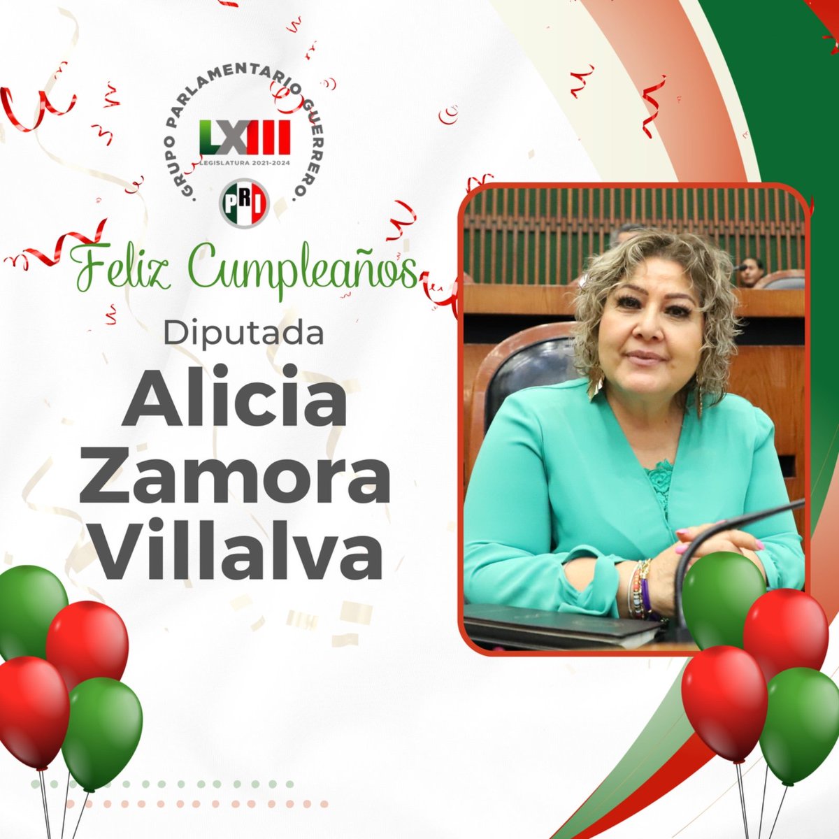 Las diputadas y diputados del Grupo Parlamentario del PRI felicitamos ampliamente a la compañera <a href="/AliciaZamora_/">Alicia Zamora Villalva</a> con motivo de su cumpleaños 🎂🎁🥳 deseándole los mejores parabienes, en este y todos los días
#Felizcumpleaños 🎂