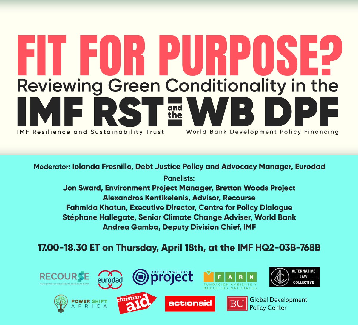 Is the @IMFNews Resilience and Sustainability Trust fit-for-purpose? On Thurs., Apr. 18, join us for a 2024 IMF/World Bank Civil Society Policy Forum ft'ing @JonSward @hallegatte @FahmidaKcpd @Kentikelenis + @ifresnillo. More details: gdpcenter.org/4aTN5HD