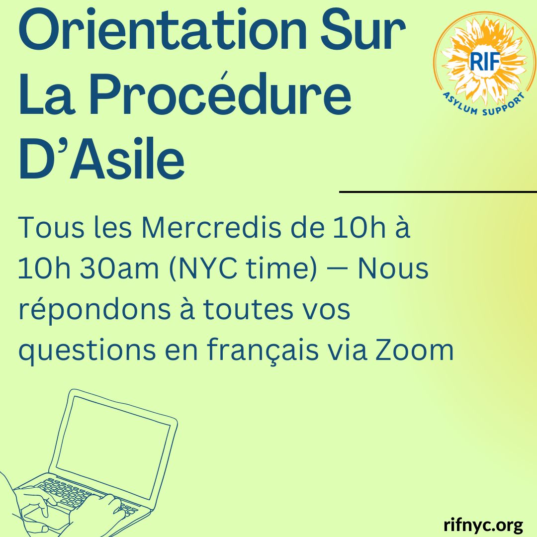 Orientation sur la procédure d'asile demain, le 9 avril, sur Zoom. Tous les mercredis de 10h à 10h30 (heure de NYC) Nous répondons à toutes vos questions en français via Zoom. Trouvez le lien dans notre LinkTree. 

#asylum #AsylumSeekers #asile
#RefugeeSupport
#HumanRights