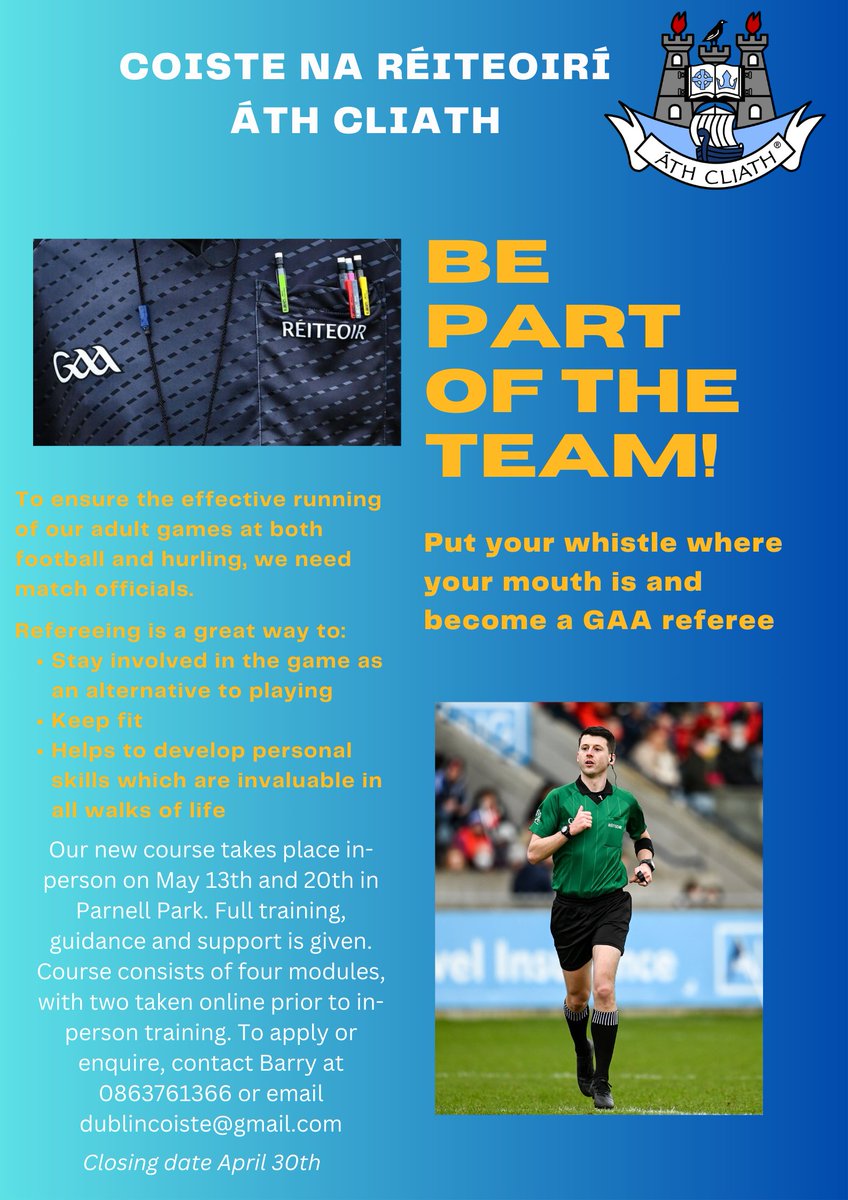 DubGAAOfficial's tweet photo. Dublin GAA is recruiting referees! 

➡️ https://t.co/qeV6pqqPHv https://t.co/e4F3oUrNvd