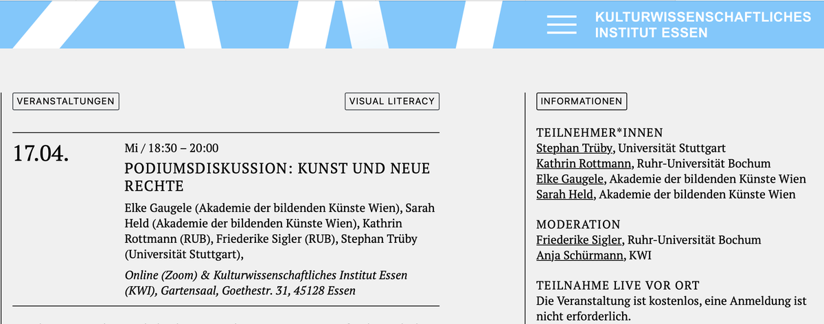 📢 Komm zur #Podiumsdiskussion:
'Kunst und Neue Rechte'
Zeit: 17.04.2024, 18:30 Uhr

📌 Ort: Goethestraße 31, 45128 #Essen, #Deutschland (Kulturwissenschaftliches Institut) in #NordrheinWestfalen 

Link: demokrateam.org/aktionen/kunst…
#NieWiederIstJetzt #LautGegenRechts #NoAfD