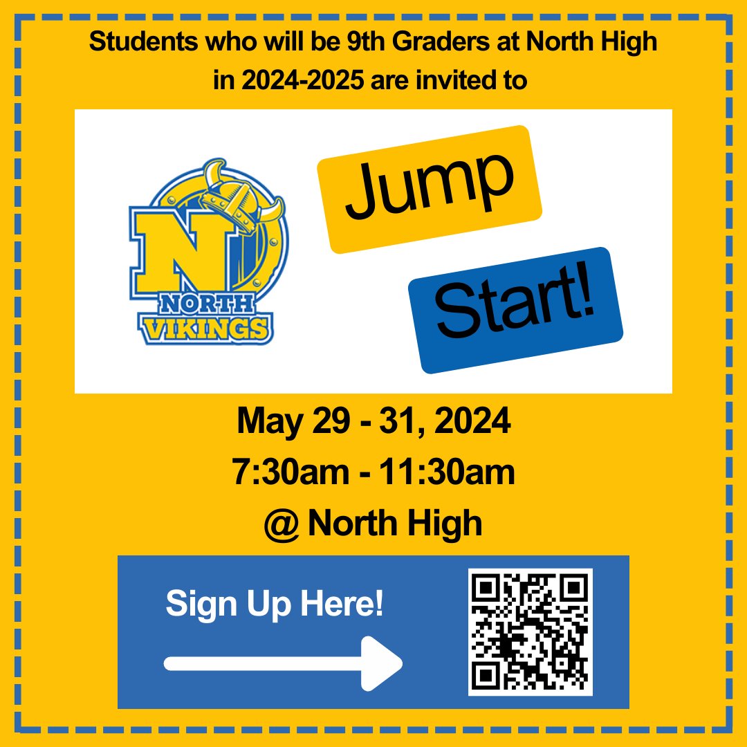 Attention Incoming 9th Graders: sign up for Jump Start using the QR code below or this link forms.office.com/r/ZVhSpWRAkQ!  If you qualify for transportation based on the student assignment plan, you must sign up by Friday, 4/19!    (1/2) #place2be 💙💛💙💛