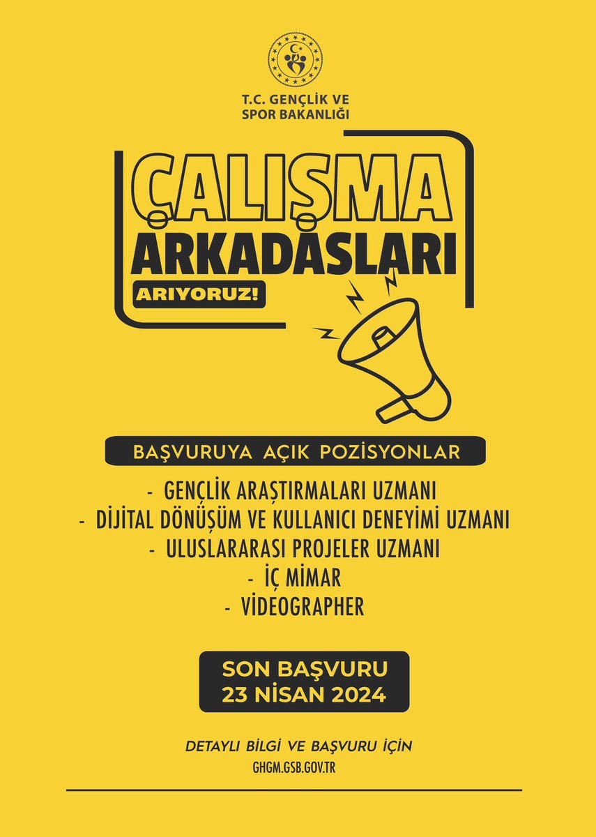 Genel Müdürlüğümüz <a href="/GSBgenclik/">Gençlik Hizmetleri</a> bünyesinde proje personeli olarak görev alacak teknik ekip arkadaşları arıyoruz.

- Gençlik Araştırmaları Uzmanı (2)
- Dijital Dönüşüm ve Kullanıcı Deneyimi (UI/UX) Uzmanı (2)
- Uluslararası Projeler Uzmanı (1)
- Mimar/İç Mimar (1)
- Video Kurgu