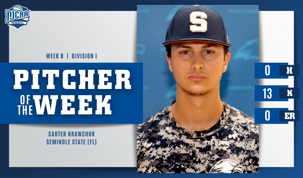 🚨 𝐏𝐞𝐫𝐟𝐞𝐜𝐭 𝐆𝐚𝐦𝐞 🚨 Carter Krawchuk is the #NJCAABaseball DI Pitcher of the Week! Krawchuk threw a no hitter last week for @SSC_Baseball with 1⃣3⃣ K's. 🦾 #NJCAAPOTW