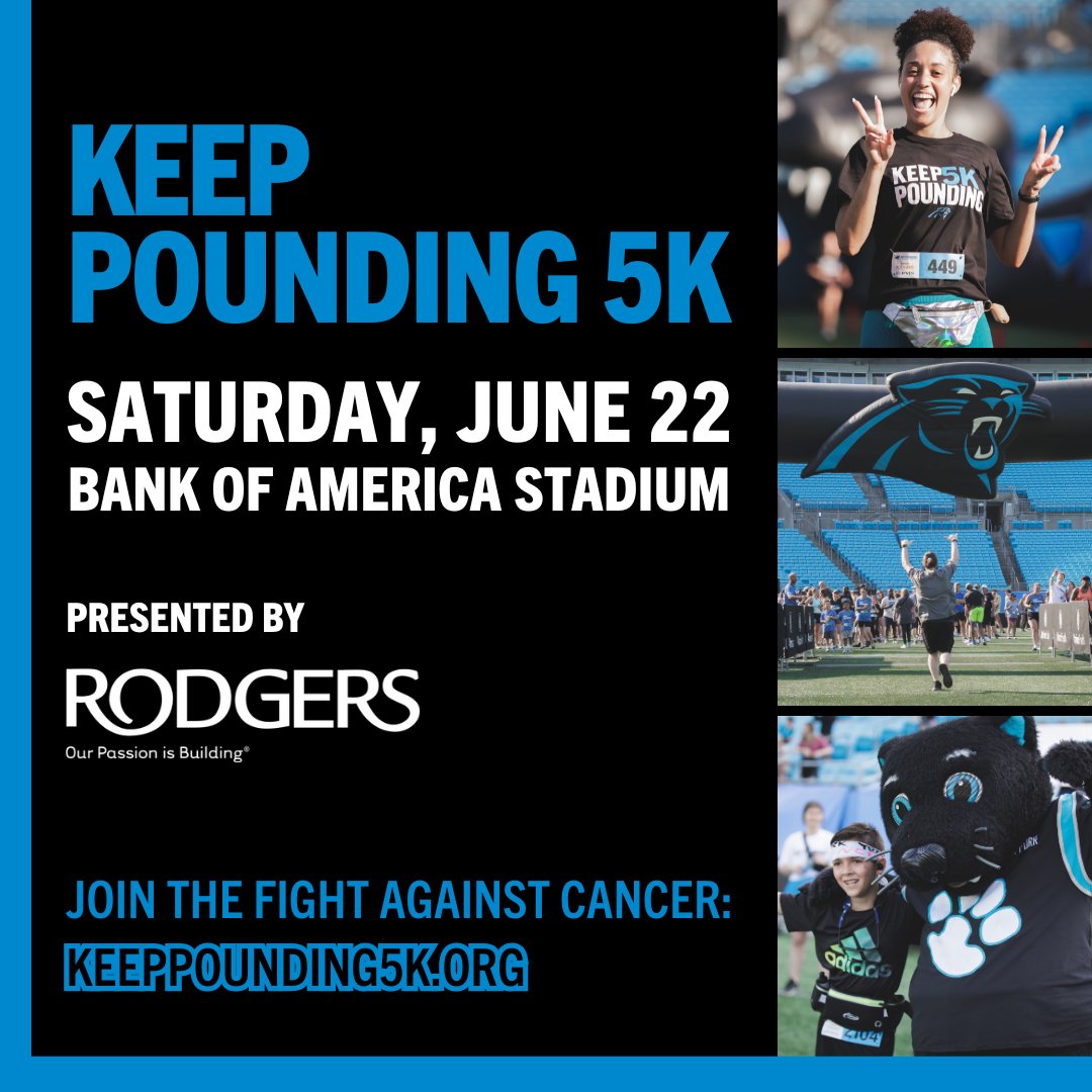 Are you ready to pound out cancer? 👊 On June 22, join Atrium Health Foundation and @Panthers for the #KeepPounding5K, presented by @RodgersBuilders! Your participation impacts cancer care for patients at @AtriumHealth @LevineCancer @LevineChildrens. KeepPounding5K.org 💙🖤