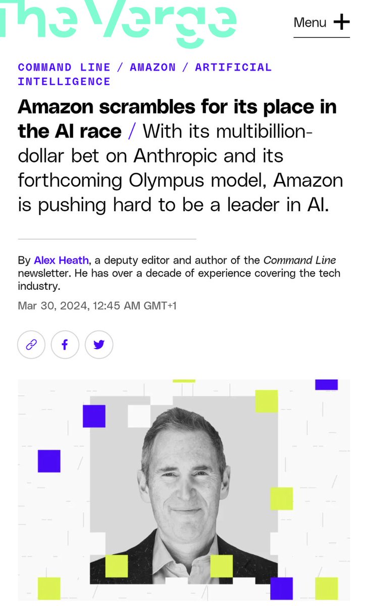 Is AI the innovator's dilemma for tech giants? → theverge.com/2024/3/29/2411… At least it's interesting to see how cloud providers (e.g. Amazon in that itw) are trying to match startups' pace and seek for embracing artificial intelligence at the heart of their roadmaps.