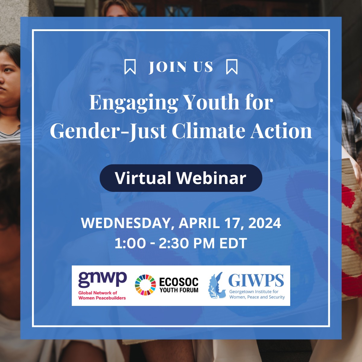 ‼️Event alert

During the #ECOSOC Youth Forum📣, join GNWP🟣 &amp; <a href="/giwps/">GU Women & Peace</a> for a conversation on "Engaging Youth🤝 for Gender-Just Climate Action🍃" to discuss how #YoungWomenLead🚺 contribute to climate action &amp; policy

📅17 April 2024
⏰1:00 – 2:30 pm EDT
✍️tinyurl.com/3nmbwcv4