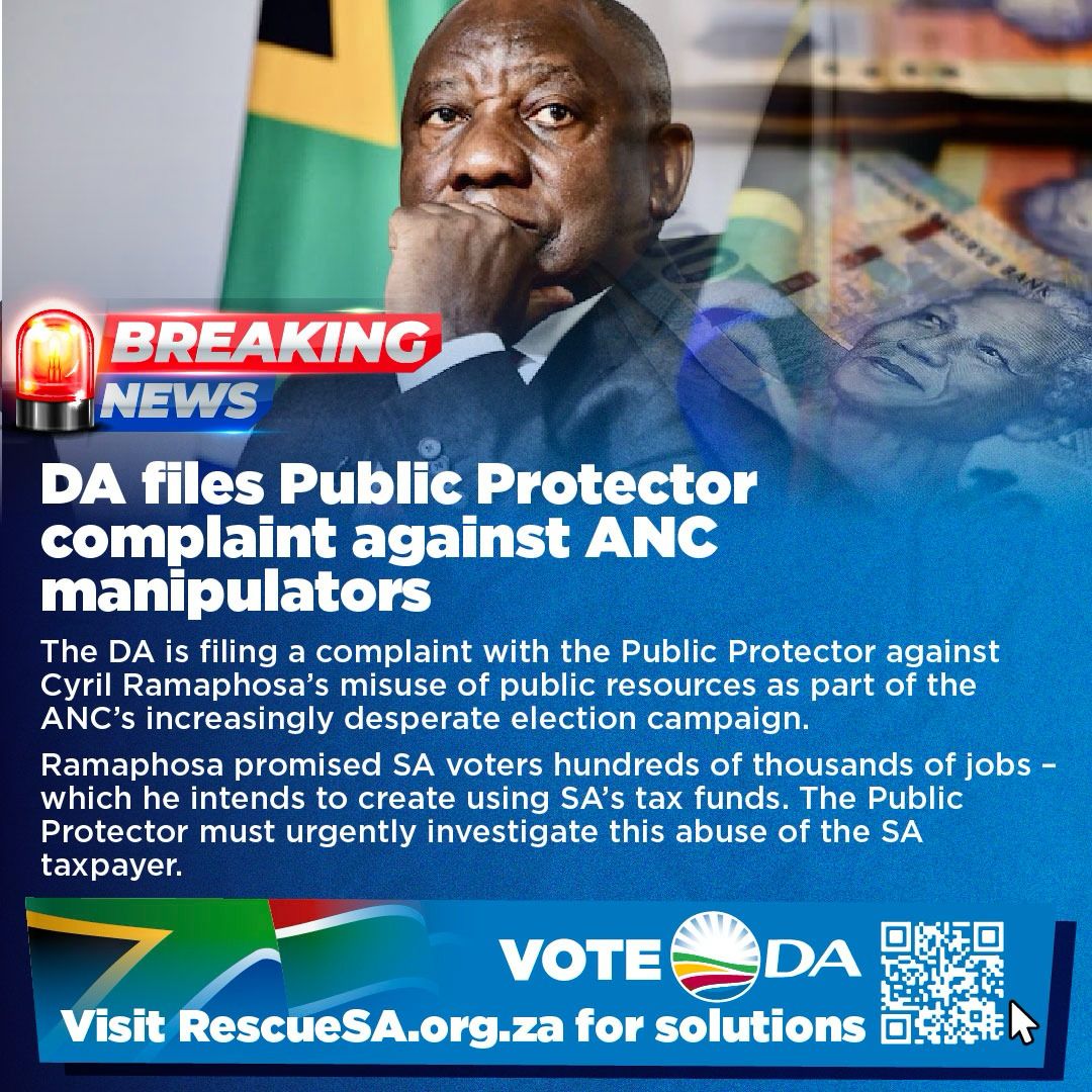 🚨 BREAKING: The DA is filing a complaint with the Public Protector against Cyril Ramaphosa's misuse of public resources as part of the ANC's increasingly desperate election campaign. Read more here: da.org.za/2024/04/da-fil…