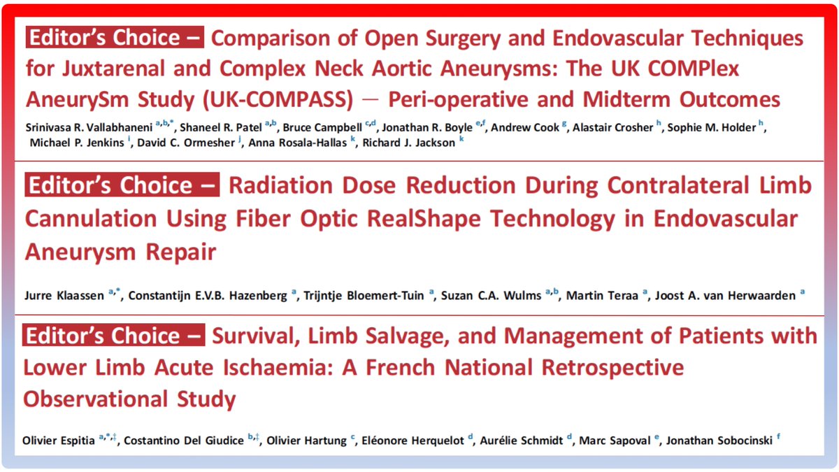 Don't miss this month's #EJVESECs 🧵!!

1 - The UK COMPlex AneurySm Study (UK- COMPASS)

2 - Radiation dose reduction during contralateral limb cannulation using Fiber Optic RealShape technology in EVAR

3 - Survival, limb salvage and management of patients with lower limb acute