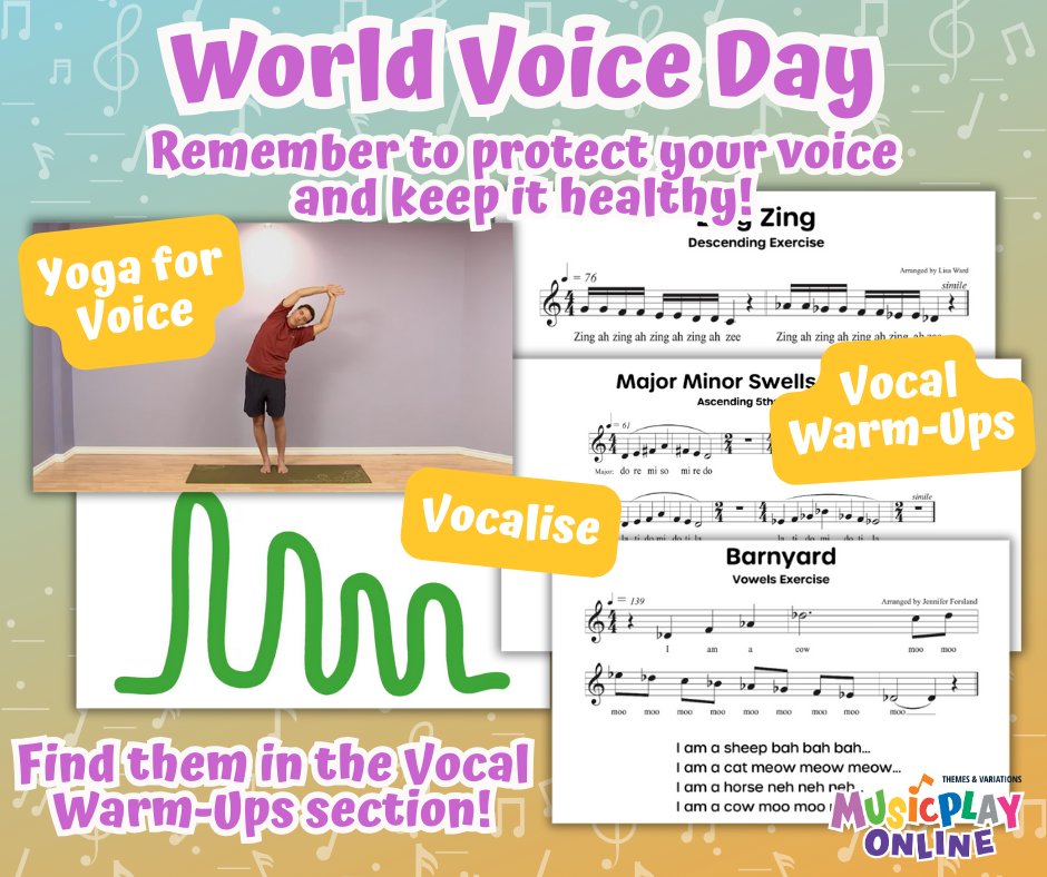 Today is World Voice Day! There are some great resources on MusicplayOnline to warm up your students' voices and protect YOUR voice as a teacher! Check them out now in the vocal warm-ups section! 🎤 #musicplay #musicplayonline #musiced #musiceducation