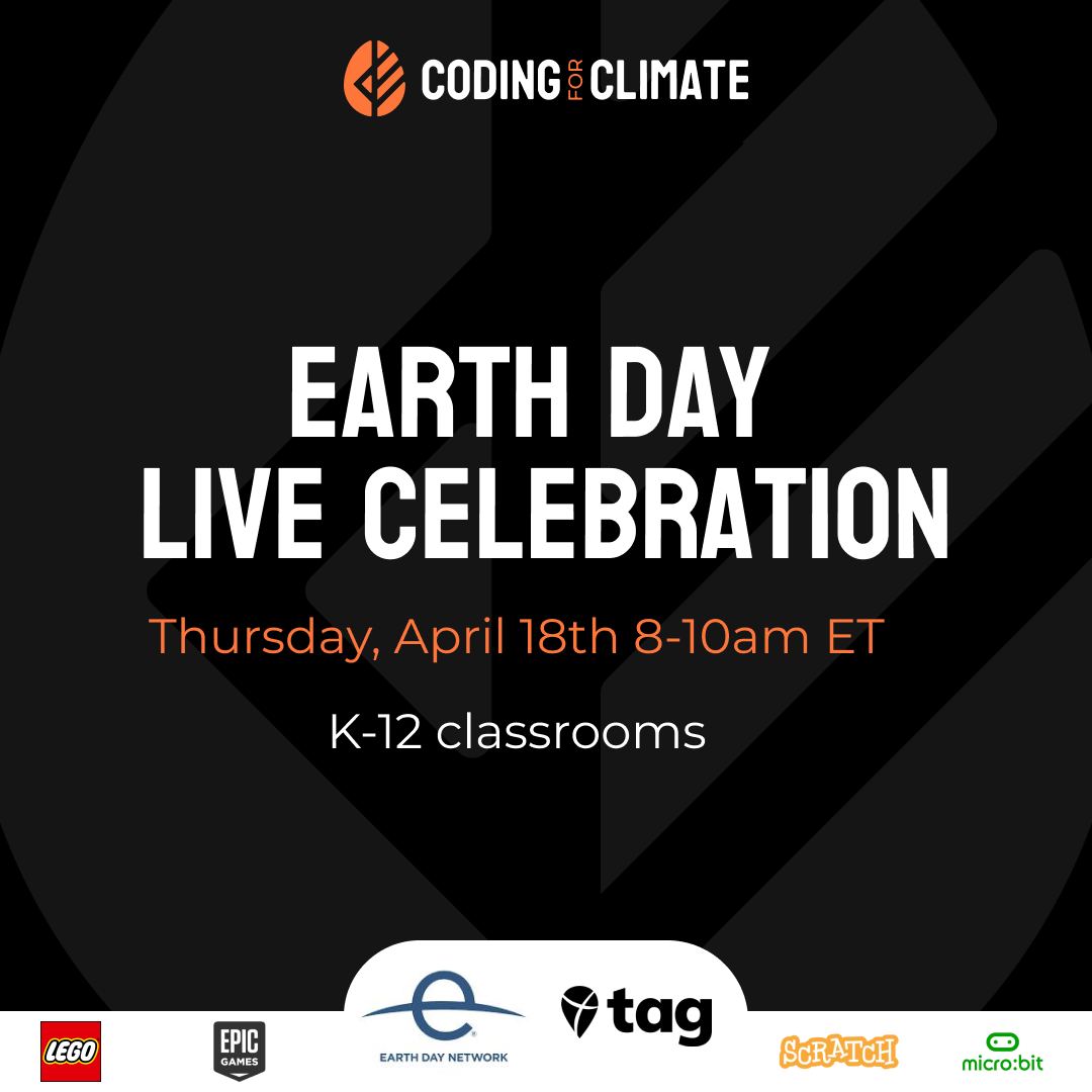 Join us for a #Coding4Climate Earth Day Celebration!
💚Free - open to all K-12 classrooms
🟠Live on YouTube
💚Guest speakers (including us!)
🟠Student presentations, + more
💚Student action for our planet
Register your class for the big event: coding4climate.org 
#EarthDay