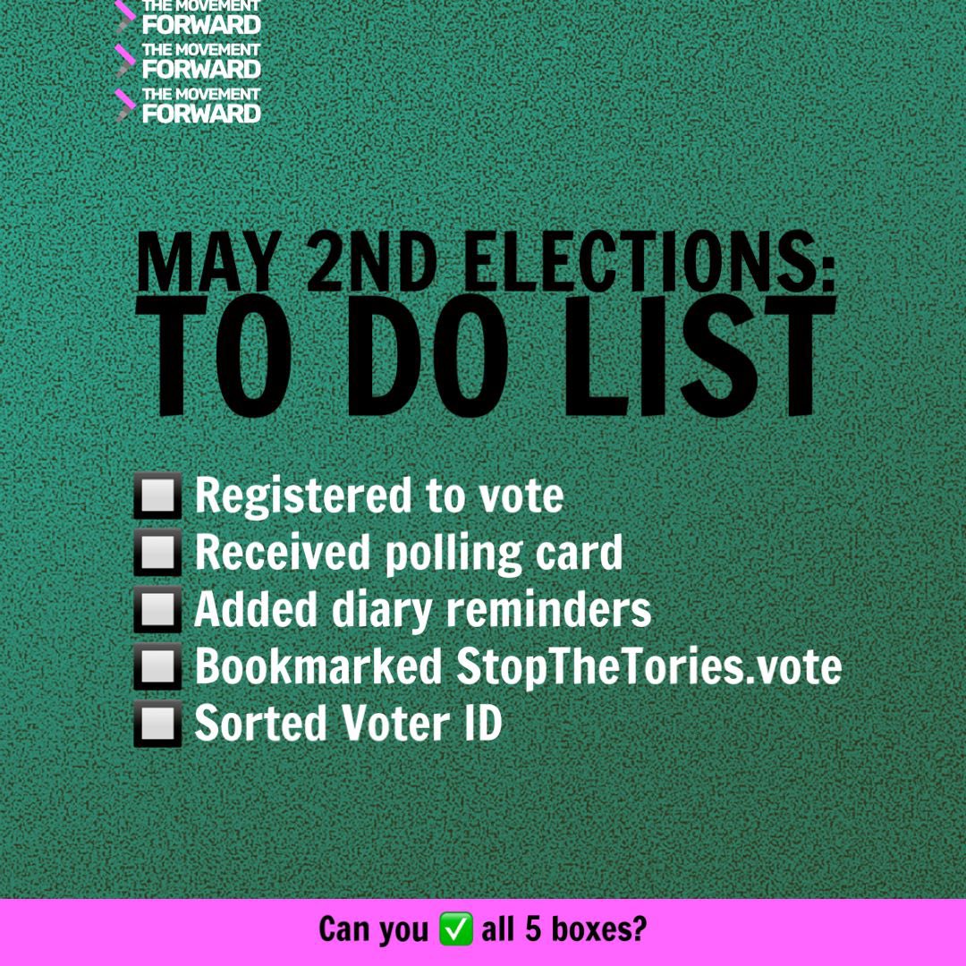 REMINDER You have until midnight to register to vote for local elections on May 2nd. Or tomorrow Wednesday at 5pm for postal vote registration Follow @MVTFWD & Stopthetories.vote will launch the tactical voting within daysl! Just type in your postcode 💥 RT