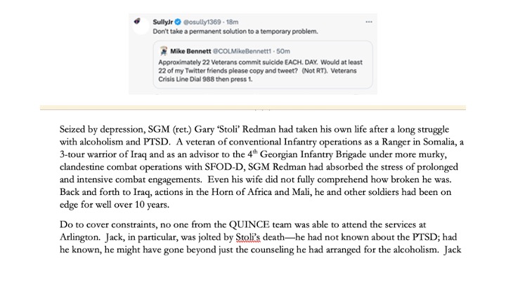 COLMikeBennett1's tweet photo. I want to amplify an earlier post about PTSD...nearly any GWOT vet may have a story about someone they know who was afflicted.

Names were changed, but I incorporate the lesson in #WhenTowersFall...

BLUF:  If you know someone, reach out to them, talk to them.  Be their friend. https://t.co/nKAnIrmPUb