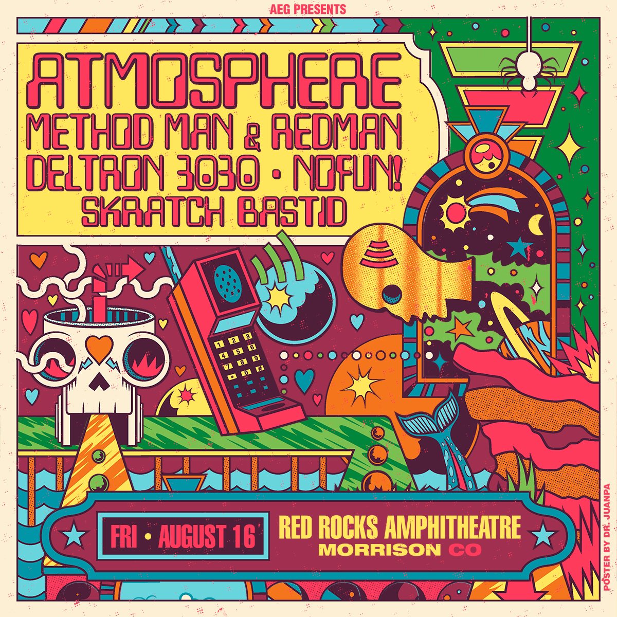 The Deltron crew is crash landing at RED ROCKS with @atmosphere @therealredman @methodman @NOFUNLA August 16👾 🛸Pre-sale goes live 4.18 at 12PM 🚀General on sale 4.19 10AM
