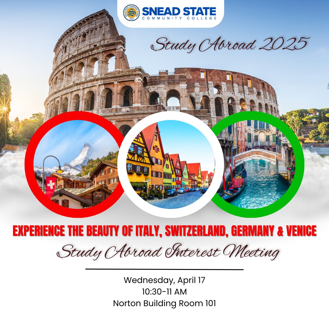 Interested in our Study Abroad program? There's an interest meeting coming up for the 2025 trip to Italy, Switzerland, Germany, and Venice. Have your questions answered at the meeting April 17 at 10:30 AM in the Norton Building. #SneadState #CommCollege #StudyAbroad