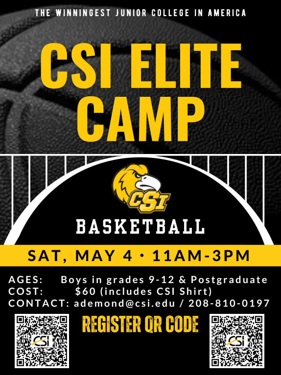 CSI_MBB's tweet photo. Recruits!!! Now is your chance to play in front of the CSI coaching staff and earn a spot on our roster. Use the QR code below to register for our Elite Camp and prove you have what it takes to play for the Golden Eagles. https://t.co/3z7PgD22YX