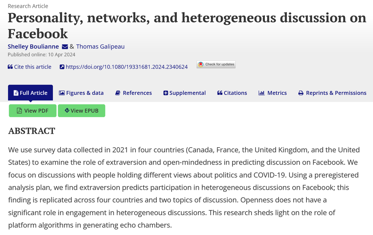 🚨 NEW PUB 🚨 Drs. @DrBoulianne & @Thom_Galipeau examine discussions w/ people holding different views about politics & #COVID19 to determine how extraversion and open-mindedness predict discourse on #Facebook. ➡️Openness does not have a significant effect tandfonline.com/doi/full/10.10…