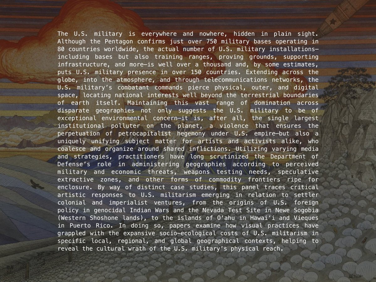 Aaron Katzeman (@aaronkatzeman) on Twitter photo Not in Honolulu for #AAG2024, but Zoe Weldon-Yochim and I organized the virtual panel Divide and Conquer: Artistic Confrontations with Geographies of US Militarism. I'll be presenting Watery Creation, Oily Desecration: Kanaka Maoli Anti-Imperialism in Tiare Ribeaux's Pōʻele Wai. Not in Honolulu for #AAG2024, but Zoe Weldon-Yochim and I organized the virtual panel Divide and Conquer: Artistic Confrontations with Geographies of US Militarism. I'll be presenting Watery Creation, Oily Desecration: Kanaka Maoli Anti-Imperialism in Tiare Ribeaux's Pōʻele Wai.