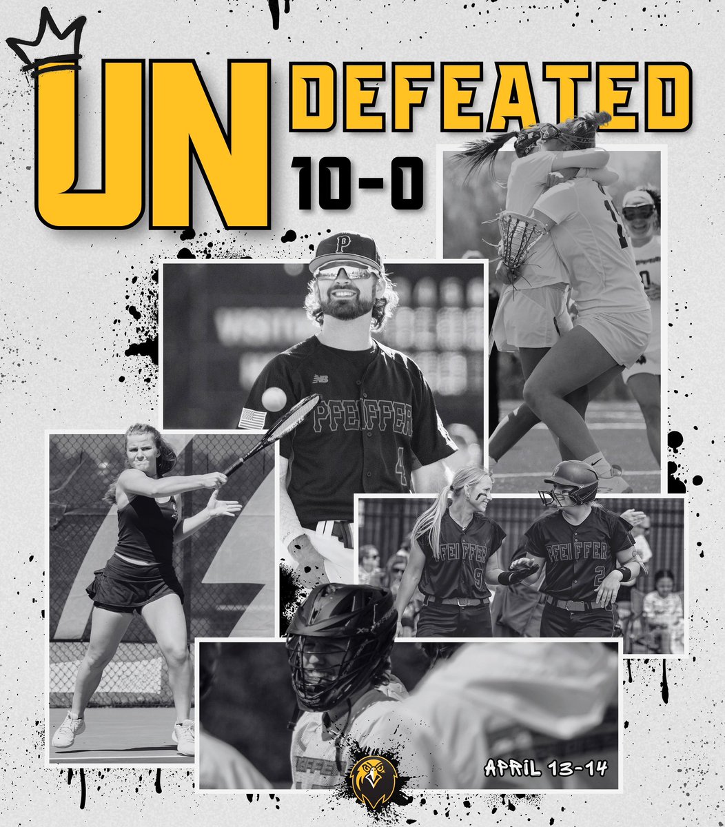 PfeifferSports's tweet photo. 𝐔𝐍𝐑𝐈𝐕𝐀𝐋𝐄𝐃

Baseball, Men’s Lacrosse, Softball, Women’s Lacrosse, and Women’s Tennis teams combined for 10 straight wins this past weekend, outscoring opponents 120 to 36 – a historic first in Pfeiffer’s DIII era! 

#BlackAndGoldStandards #FalconStrong https://t.co/nicFzZoB2f