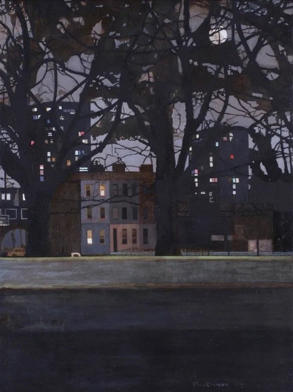 My favourite time of the day. There’s still have some daylight while darkness is backstage ready to perform for several hours. Good evening! “Twilight at London Fields”, 2012 ©️James Mackinnon,English painter, b. 1968