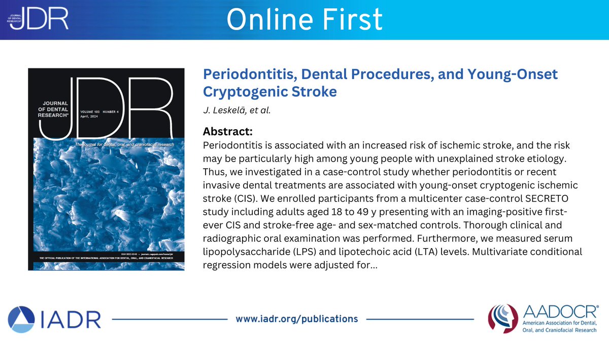 ONLINE FIRST
"Periodontitis, Dental Procedures, and Young-Onset Cryptogenic Stroke" by J. Leskelä, et al. @jaakkoleskela #oralhealth #periodontitis #stroke

journals.sagepub.com/doi/full/10.11…