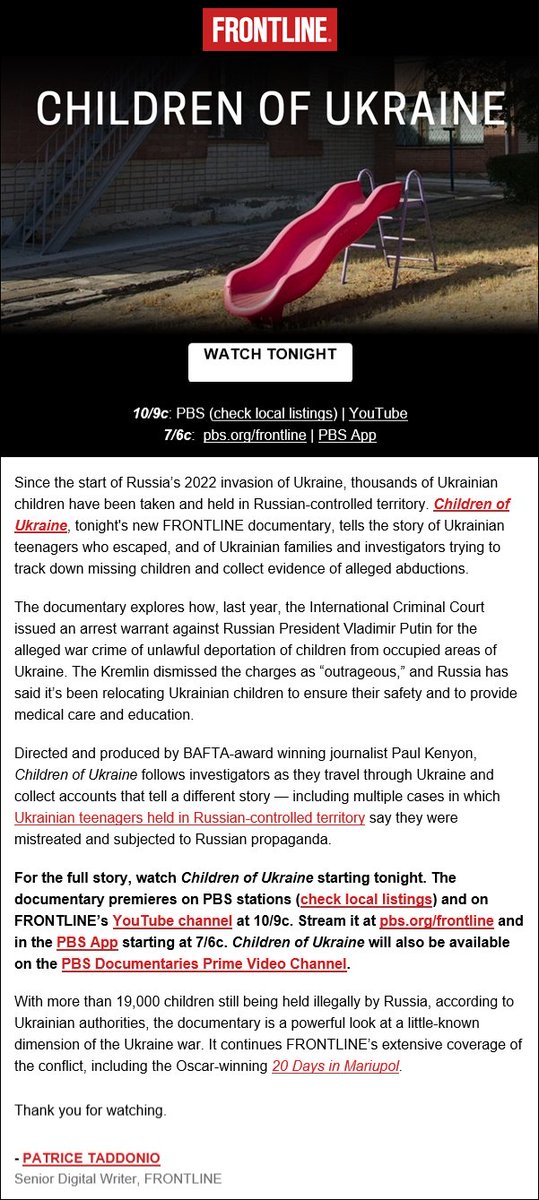 Hi @frontlinepbs ... y'all should have leading posts on upcoming events. Just checked your thread and it's dry. #ukraine #ChildrenOfUkraine #frontline