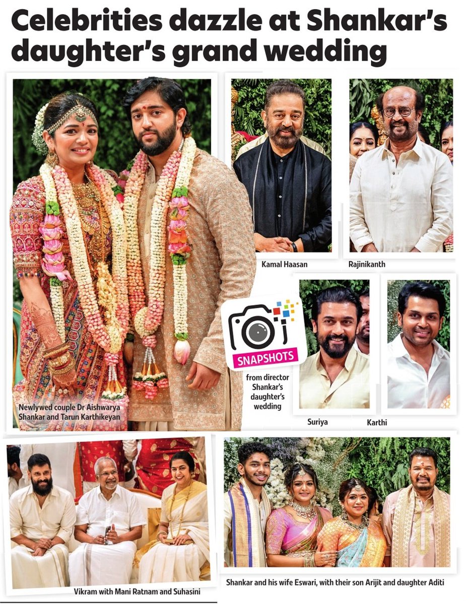 Celebrities dazzle at #Shankar's daughter's grand wedding 

#AishwaryaShankar @shankarshanmugh 

#KamalHaasan #Rajinikanth #Suriya #Karthi  #Chiyaan #Vikram #ChiyaanVikram #Maniratnam #Suhasini #AditiShankar