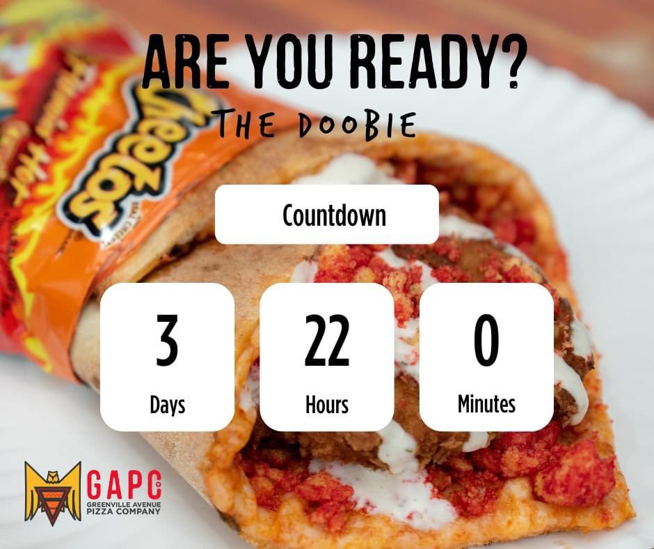 ✨We know some of you already have this countdown on your phone 😜, but for those of you that don't...⌚️
#GreenvilleAvenuePizzaCompany #DallasFood #SlayPizza #LiveByTheSlice #PizzaInDallas #DallasPizza #FourTwenty #PizzaLife #DallasTx #Doobie #LateNightEats #GAPCoPeavy #HotCheeto