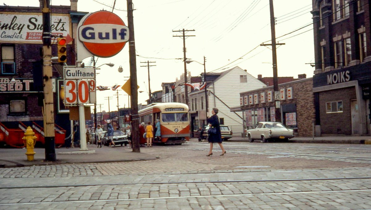 All aboard the 53-Carrick streetcar! This 🖤💛 #TrolleyTuesday takes you to Brownsville Rd. at Arlington Ave. circa 1968. [📸: David Wilson]