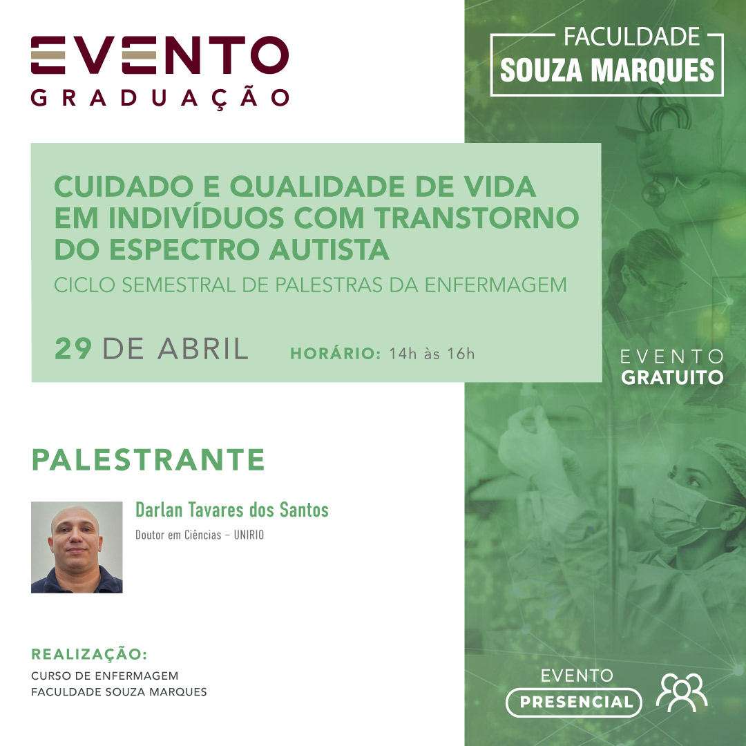 souzamarquesbr's tweet photo. Participe desta palestra presencial sobre o "Cuidado e qualidade de vida em indivíduos com Transtorno do Espectro Autista", com o Dr. Darlan Tavares dos Santos.

Acesse https://t.co/4W6VxNYKDL e 𝗜𝗡𝗦𝗖𝗥𝗘𝗩𝗔-𝗦𝗘! 😉

#eusouzamarques #souzamarques #enfermagem https://t.co/TiLXw2cn0z