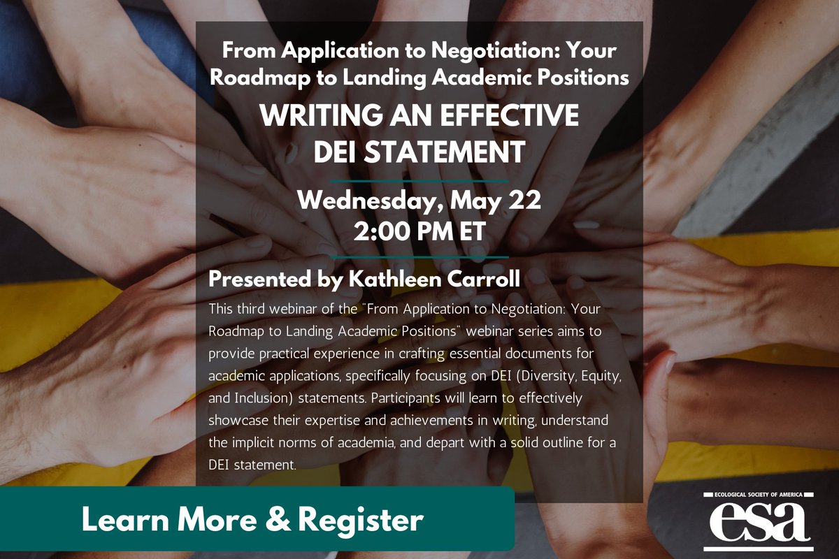 Part 3 in our roadmap to academic jobs series! 'Write an Effective DEI Statement' 🗓️5/22 at 2 PM ET Register for sessions a la carte or bundle & save! esa.org/career-develop…