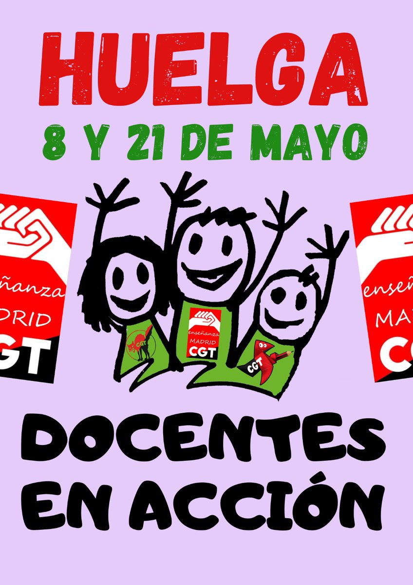 Ayer se aprobó en Menos Lectivas, espacio en el que participamos CGT junto a STEM, CNT y asambleas de centros, que los días 8 y 21 de mayo vamos a la HUELGA 💥✊ Por la reducción de la jornada lectiva docente, de las ratios y por otros muchos motivos, LA LUCHA SIGUE ‼️