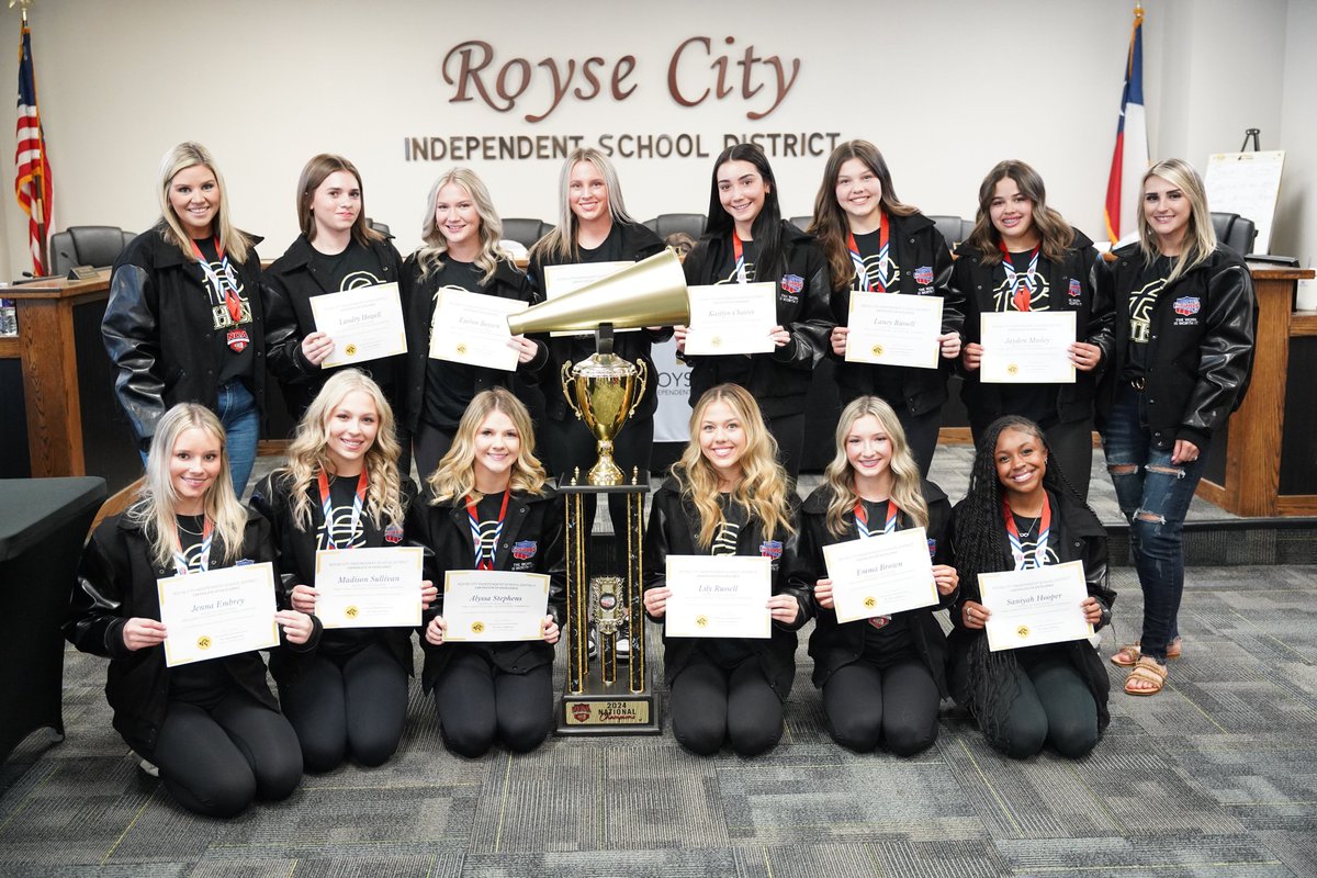 Board Meeting Spotlight: RCHS Small Varsity Cheer was honored for being the first EVER NCAA National Champs in school history! Congrats to the outstanding student-athletes and coaches. #RCISDJoy @RoyseCityCheer