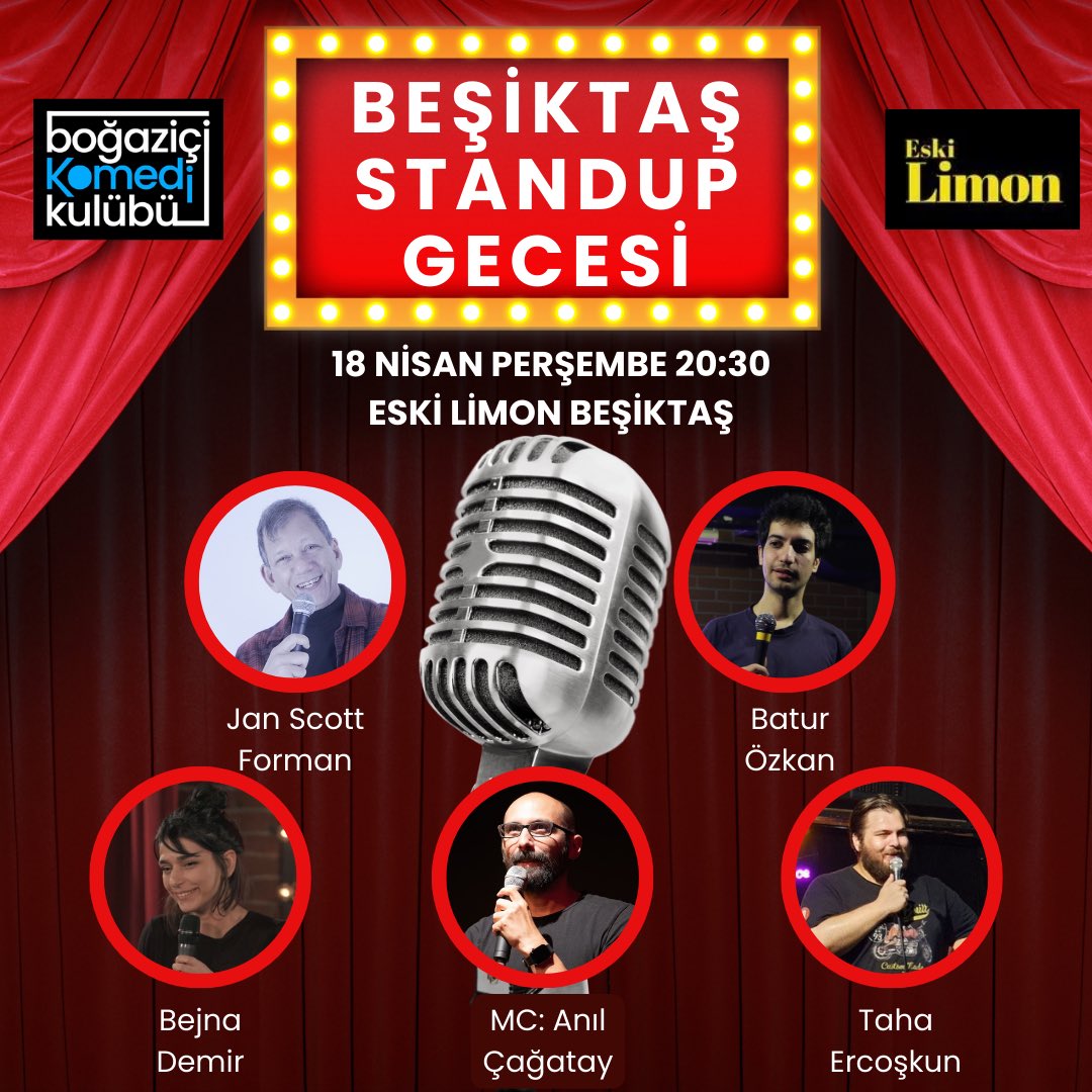 BogaziciKomedi's tweet photo. 18 Nisan Perşembe akşamı Eski Limon Beşiktaş sahnesindeyiz 🎊

Gecenin kadrosu:
Batur Özkan @baturozkann 
Bejna Demir
Jan Scott Forman
Taha Ercoşkun @aRHneGarip 
MC: Anıl Çağatay @_hazerbaba_ 

🎫 Biletler:
https://t.co/FgkP3aneG5 https://t.co/TWllJDKkAc