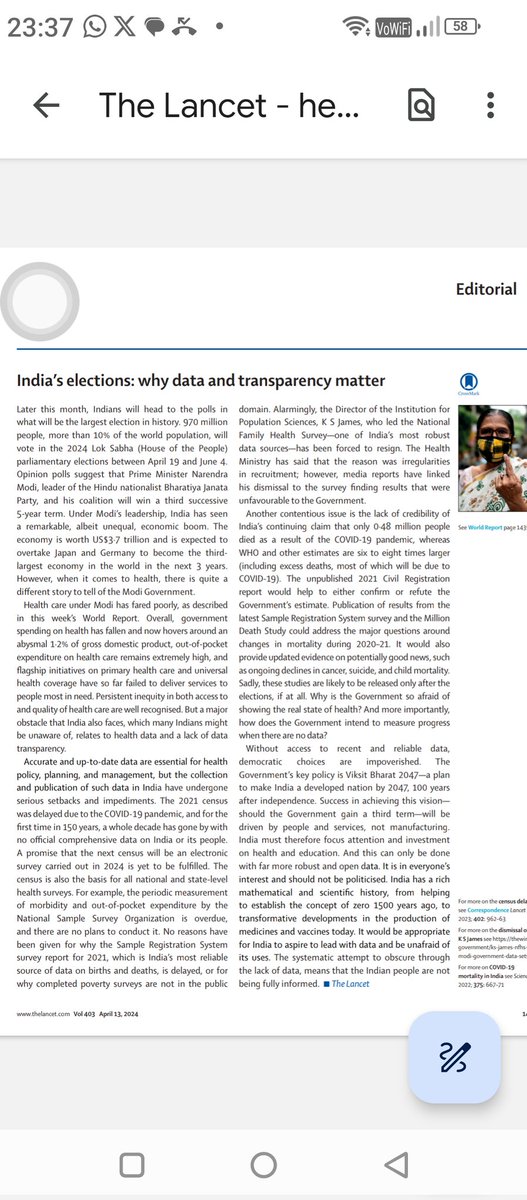 The Lancet Article on India's skewed Health Data is a huge eye opener! It touches upon the rising Eco & Income inequalities,Modi Govt's failure to conduct the long pending Decadal Census & its lackluster performance on a host of key parameters incl Health,Education & Employment!!