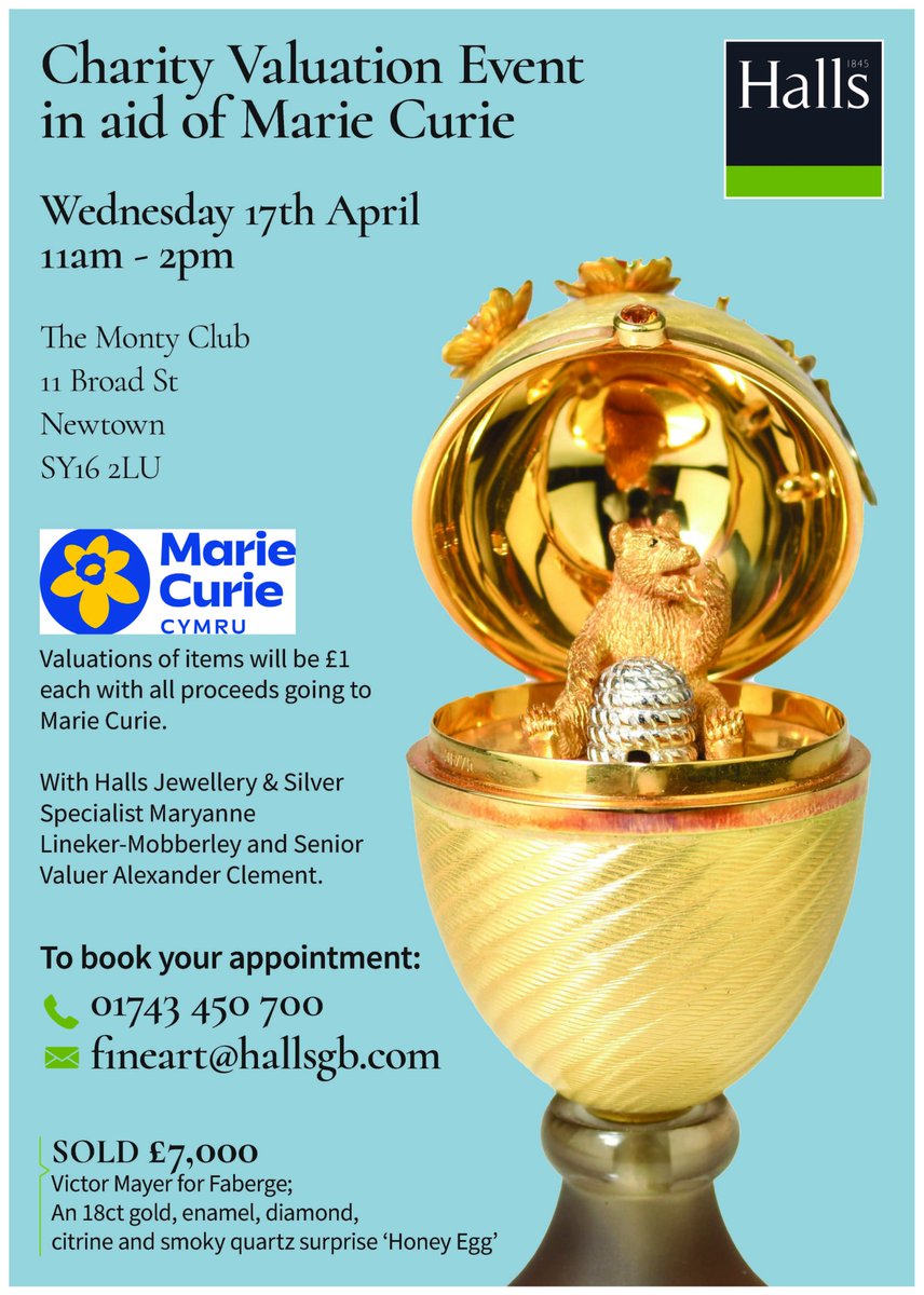 Don't forget the charity #antiques valuation day tomorrow (Wednesday) from 11am to 2pm at the Monty Club, Newtown to raise money for @mariecurieuk North Newtown Fundraising Group. Experts from @HallsFineArt . All money raised will go to Marie Curie.