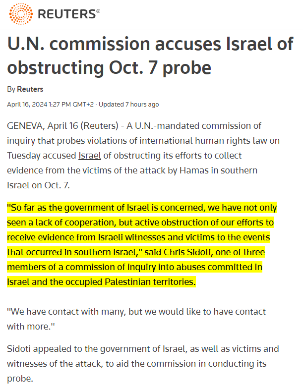 Pramila Patten's UN Report came out to much fanfare in Western media even though it had no investigative mandate, relied entirely on Israeli propaganda, and debunked their own maximalist version of the 'mass rape' hoax. Meanwhile Israel keeps blocking an actual UN investigation: