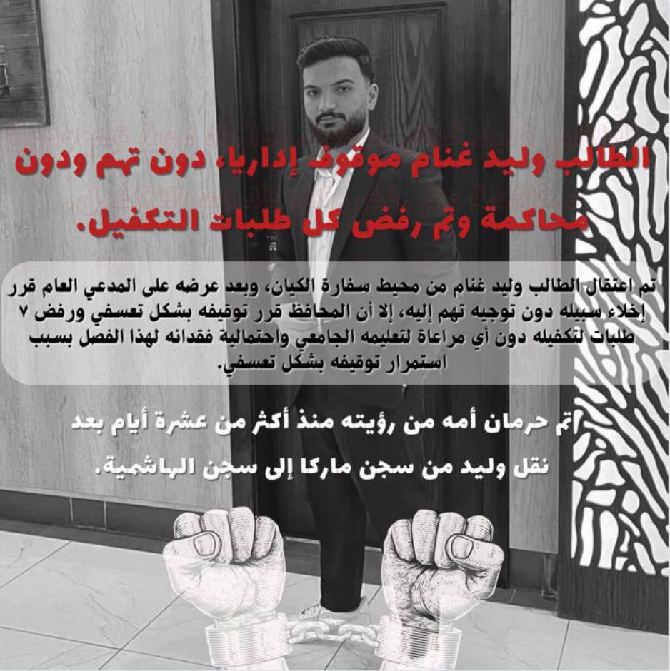 الحرية للطلبة الأحرار " وليد غنام وعدنان جميل و وليد الجهني" ، الطلبة المثقفين الذين تغيبوا عن مقاعدهم الدراسية منذ أسابيع، طلبة وجدّوا للحق طريق  فسلكوه فبات هذا الدرب قضبان ومعتقلات و تخويف! ، نطالب بالحرية للحُر.

#الحرية_لطلبة_الجامعات
#الحرية_لمعتقلي_دعم_غزة