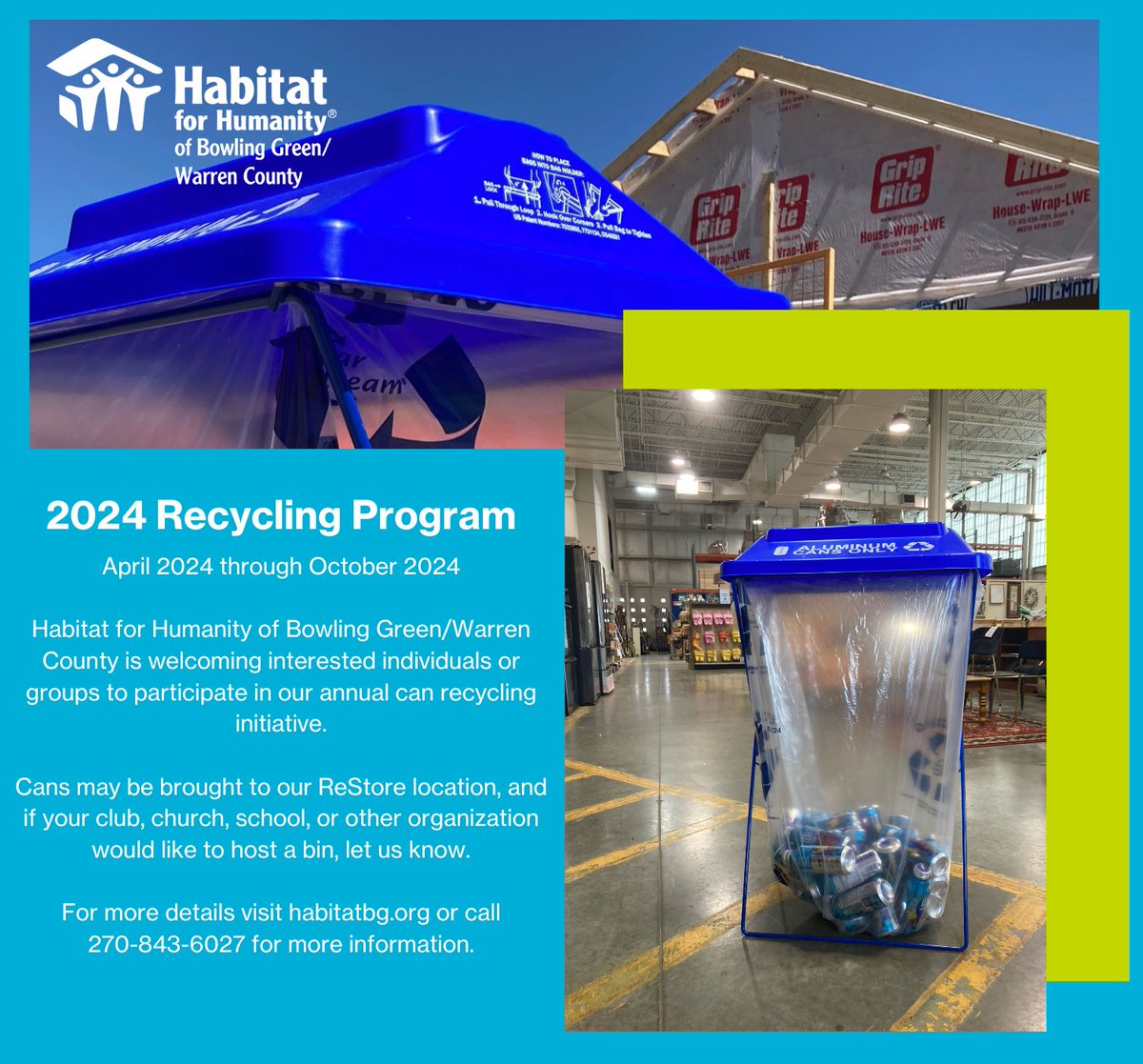 Our 2024 Can Recycling Program is up and running. If interested in drop off information/hosting a bin, please visit habitatbg.org/2024-can-recyc…