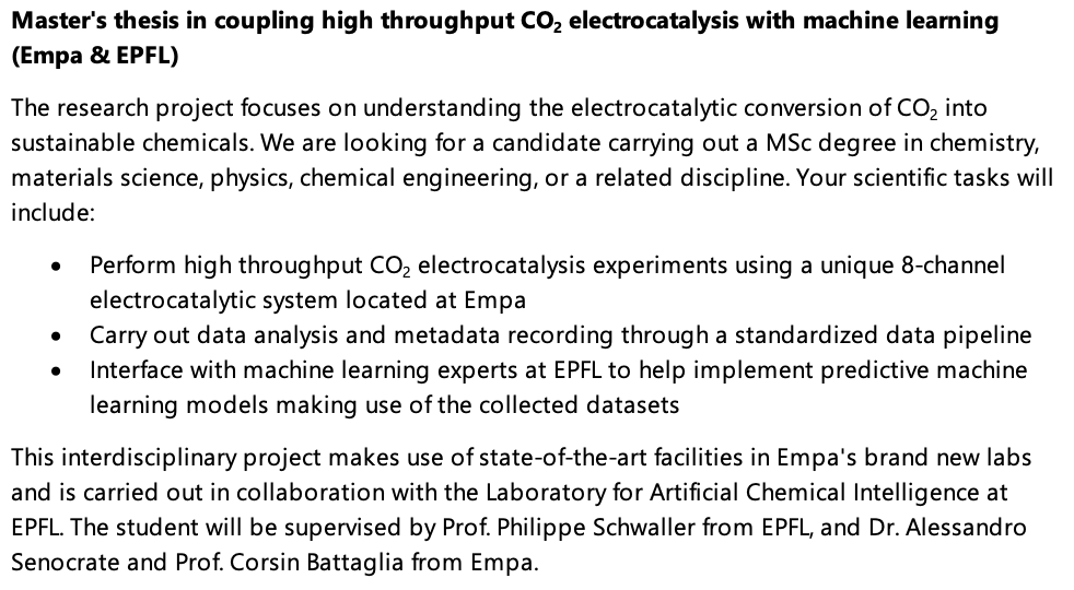 pschwllr's tweet photo. Master's thesis opportunity at @Empa & @EPFL! Perform high-throughput CO2 electrocatalysis experiments & work with machine learning experts to develop predictive models.
Apply for Young Talents Fellowship: https://t.co/xQqS8gnZ8k by 30/04/24. #MScThesis @NCCR_Catalysis https://t.co/eZ26gbse9u