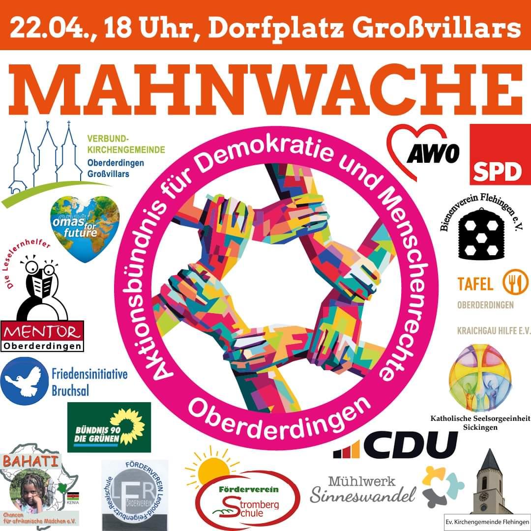 📢 Komm zur #Demo und 📢 verbreite sie:
'Mahnwache für Demokratie, Vielfalt und Menschenrechte'
Zeit: 22.04.2024, 18:00 Uhr

Ort: Dorfplatz, Oberderdingen-Großvillars in #BadenWürttemberg 

Link: demokrateam.org/aktionen/mahnw…
#NieWiederIstJetzt #LautGegenRechts #DemoGegenRechts #NoAfD